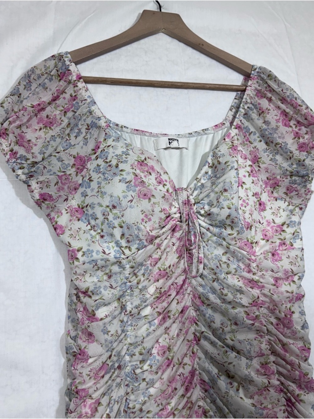 Steve Madden Mesh Ruched Fitted Mini Dress Size XXL Pastel Floral Romantic - Picture 4 of 6